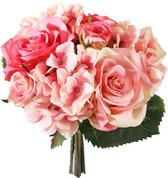 Viv! Home Luxuries Hortensia Rozen boeketje - zijden bloem - roze - 22cm - topkwalteit