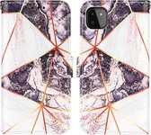 Hoesje geschikt voor iPhone 12 - Bookcase - Koord - Softcase - Patroon - Kunstleer - Wit/Donkerroze