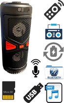 Draagbare bluetooth speaker 2 x 15W - radio - mp3 - sd card - usb - met uitschuifbaar handvat, draagriem en afstandsbediening - H44 Cm - Rond 17,3 Cm