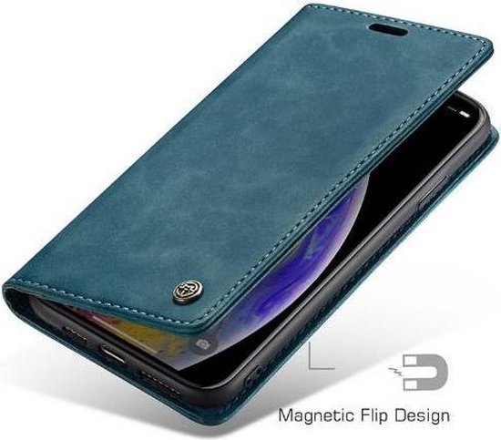 Étui de protection à rabat en cuir PU pour iPhone XR Bleu