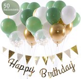 Olijfgroene Ballonnen Verjaardag & Versiering Set – Incl. Happy Birthday Slinger, Vlaggenlijn, Lint en 50 Ballonnen – Kant en Klaar Feest Pakket