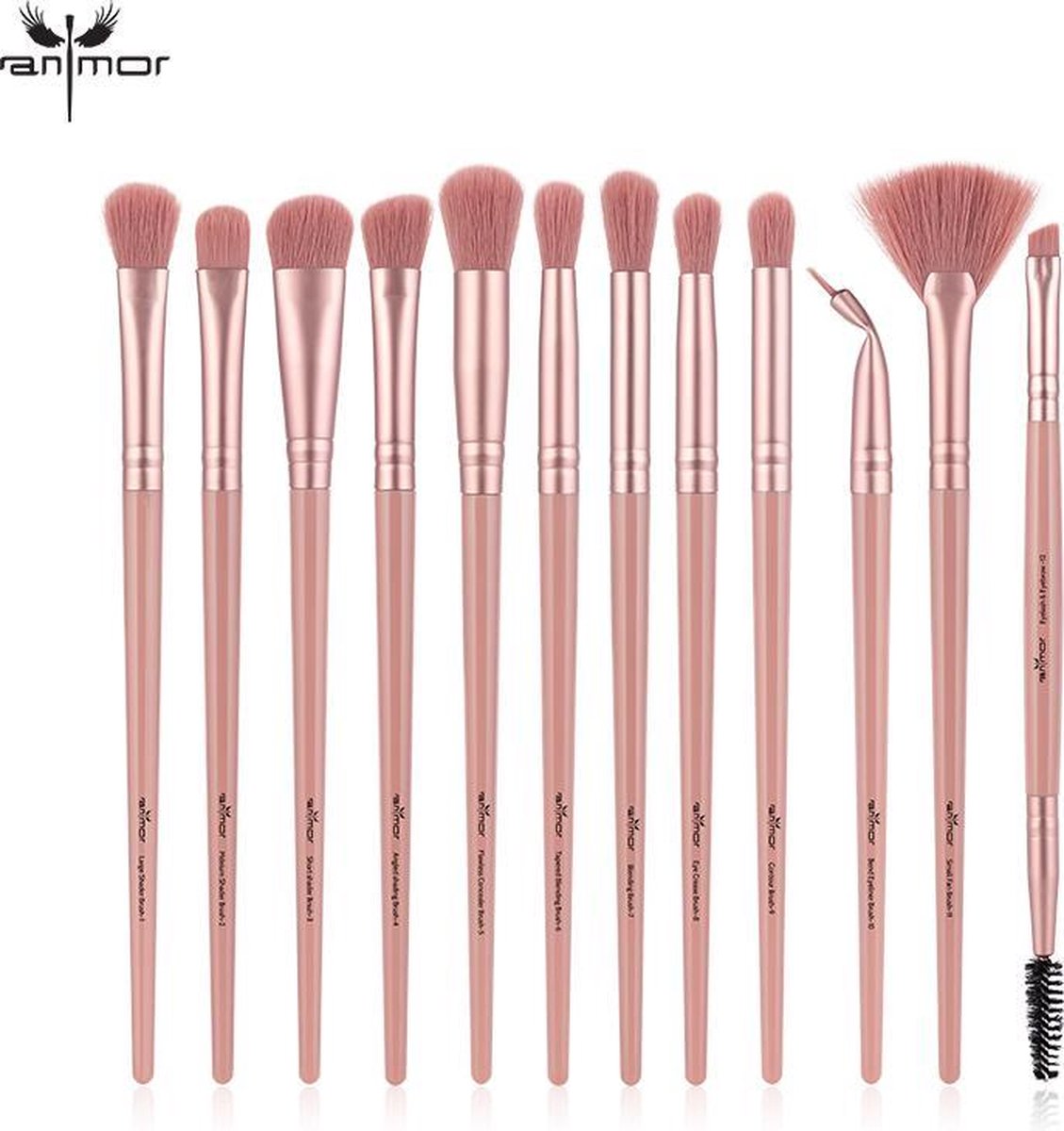 Anmor - 12 Professionele Kwasten - Oogschaduw Make Up Set - Blending - Concealer - Eyeliner - Roze Make Up Kwasten