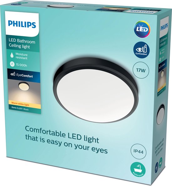 Philips Doris badkamer plafondlamp -  zwart - groot - 17 W
