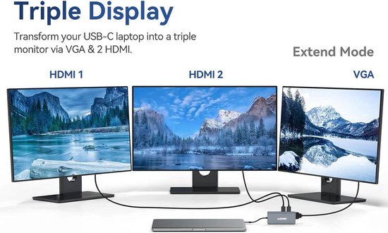 A-KONIC© 12 in 1 USB C Docking station -met Dual HDMI (4K), Ethernet RJ45, VGA, 4x USB 3.0 (thunderbolt), Usb-C, Micro / SD kaartlezer, Adio Jack 3.5mm,  - Hub - Voor Macbook Pro / Air, HP, Dell en meer – Spacegrey
