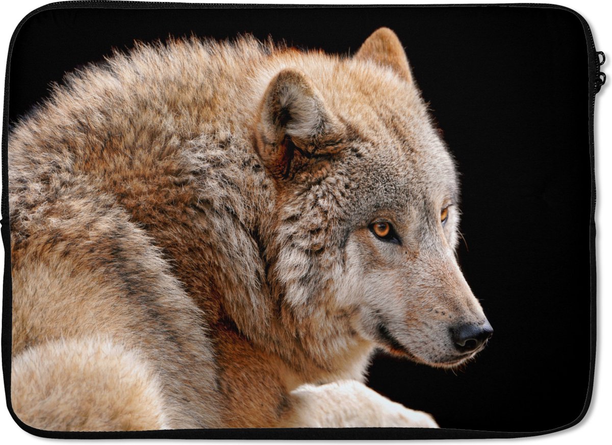 Laptophoes 14 inch - Bruine wolf - Laptop sleeve - Binnenmaat 33x23 cm - Zwarte achterkant