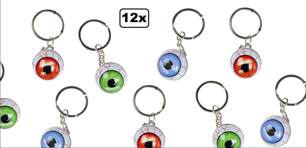 12x Sleutelhanger oogbal 2,5 cm metaal assortie - Oog horror halloween festival thema feest ogen sleutel hanger