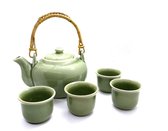 Theeset - Theeservies 5-delig keramiek - Handgemaakt theeservies - Theepot en 4 kopjes - Celadon groen