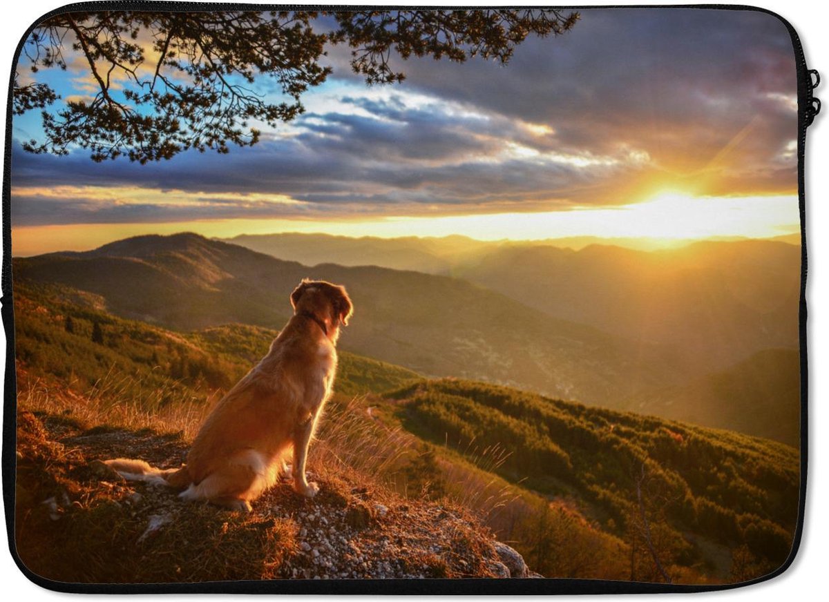 Laptophoes 14 inch - Een Golden Retriever kijkend naar de zonsondergang - Laptop sleeve - Binnenmaat 33x23 cm - Zwarte achterkant