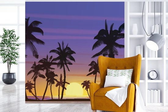 Behang - Fotobehang Zon - Palmboom - Zee - Breedte 220 cm x hoogte 220 cm