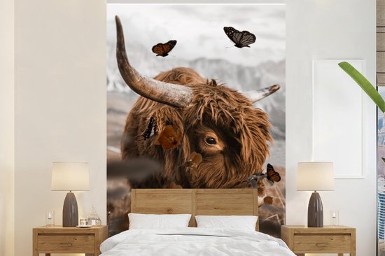 Papier peint - Papiers Papier peint photo Papillons - Highlander écossais - Fleurs - Largeur 200 cm x Hauteur 300 cm