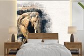 Behang - Fotobehang Olifant - Krant - Verf - Breedte 300 cm x hoogte 300 cm