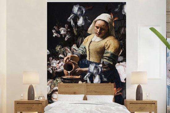 Behang - Fotobehang Melkmeisje - Johannes Vermeer - Bloemen - Blauw - Breedte 155 cm x hoogte 240 cm