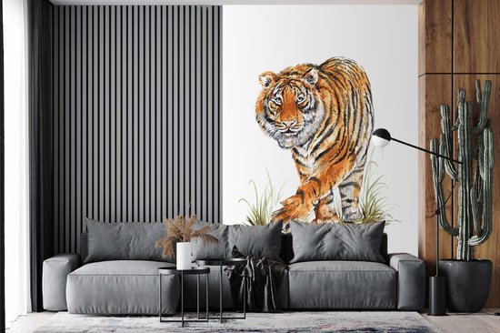 Behang - Fotobehang Tijger - Poten - Gras - Breedte 160 cm x hoogte 240 cm