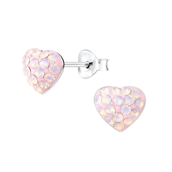 Joy|S - Zilveren hart oorbellen - 9 x 8 mm - zacht rose/ roze kristal