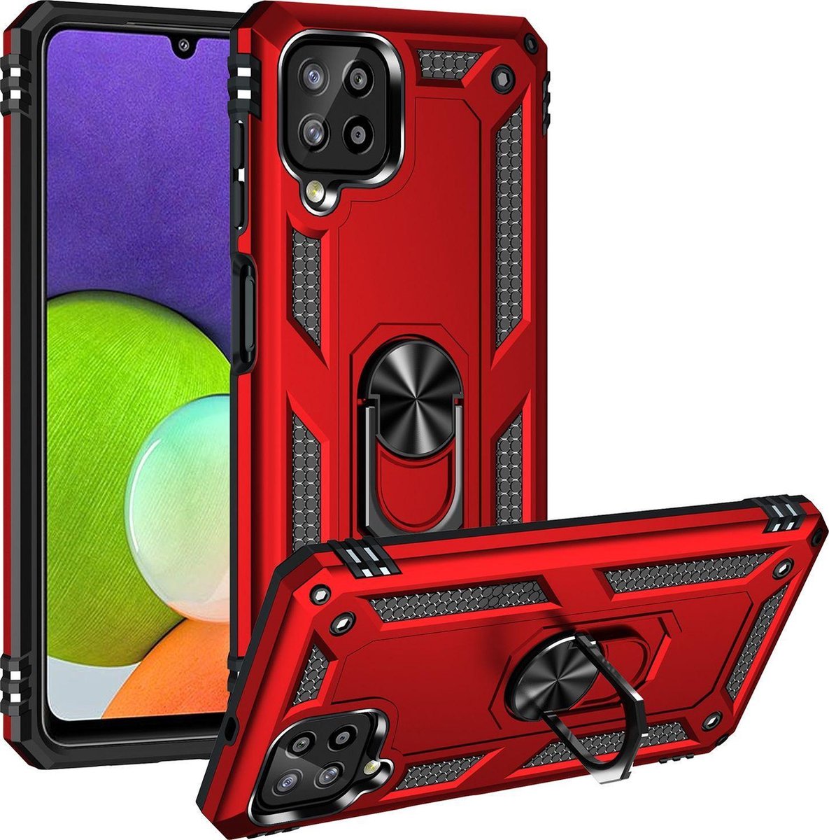 Mobigear Hoesje geschikt voor Samsung Galaxy A22 4G Telefoonhoesje Hardcase | Mobigear Armor Ring Backcover Shockproof met Ringhouder | Schokbestendig Galaxy A22 4G Telefoonhoesje | Anti Shock Proof - Rood