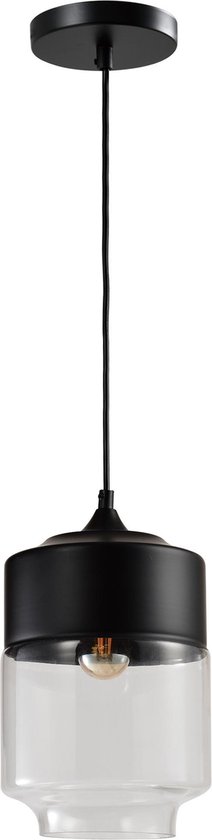 QUVIO Hanglamp retro - Plafondlamp - Sfeerlamp - Leeslamp - Eettafellamp - Verlichting - Slaapkamer lamp - Slaapkamer verlichting - Keukenverlichting - Keukenlamp - Langwerpige kap van metaal en glas - Diameter 18 cm