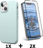 iPhone 13 Mini Hoesje Turquoise & 2X Volledige Glazen Screenprotector - Siliconen Back Cover