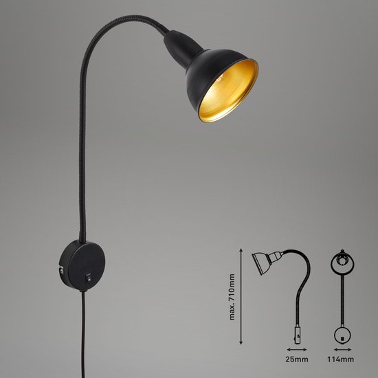 Zwarte wandlamp met flexibele arm en goudkleurige binnenkant van de kap. Inclusief schakelaar en afmetingen.