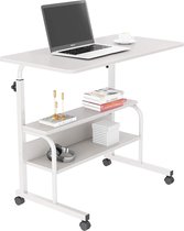 MuCasa® Verstelbare bijzettafel 80x40cm - In hoogte verstelbaar tot 90cm - Bureau met wielen - Computertafel met twee planken - Wit