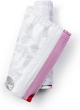 Twee opgerolde Brabantia vuilniszakken, code Y, 20L. Witte zakken met grijs cirkelpatroon en rode rand.