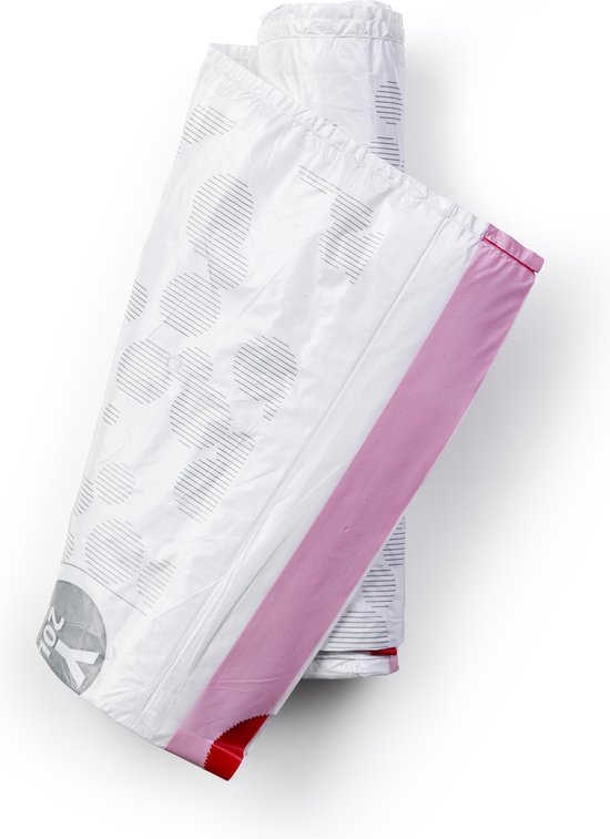 Twee opgerolde Brabantia vuilniszakken, code Y, 20L. Witte zakken met grijs cirkelpatroon en rode rand.