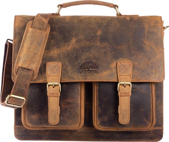WILD WOODS porte-documents en cuir XL - sac à bandoulière unisexe d' Business - cuir de buffle - marron Vintage