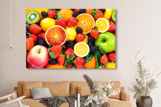 Canvas schilderij 180x120 cm - Wanddecoratie Aardbei - Citroen - Fruit - Muurdecoratie woonkamer - Slaapkamer decoratie - Kamer accessoires - Schilderijen