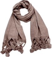 Lange  Gebreide Dames Sjaal - Met Pompon - Taupe- 180 x 56 cm