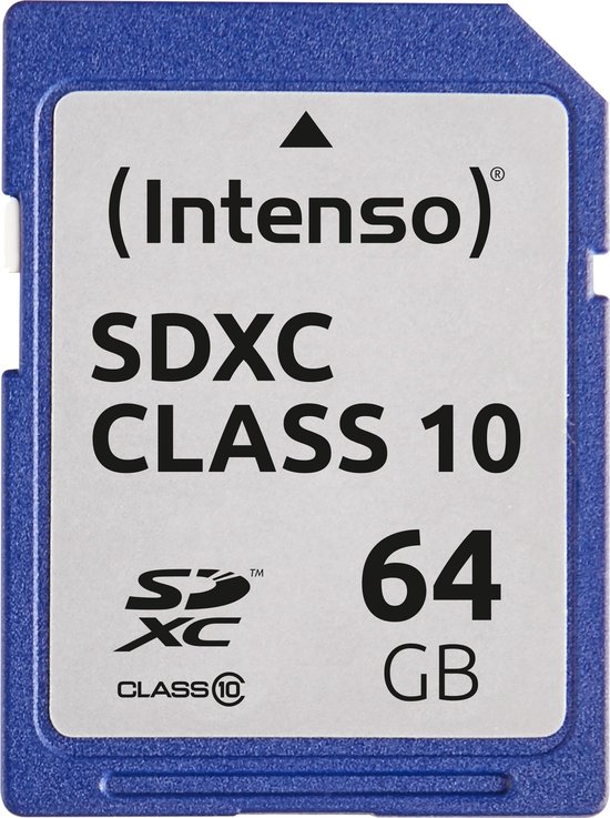 Intenso SDXC Klasse 10 geheugenkaart, 64 GB, blauw met zilverkleurige opdruk.