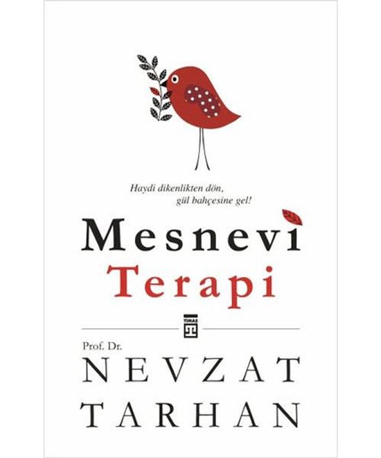 Boek 'Mesnevi Terapi' met rode vogel illustratie en tekst.