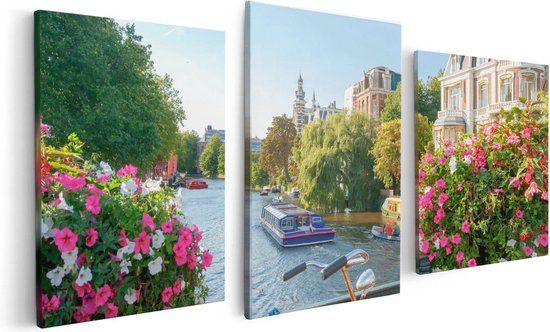 Artaza - Triptyque de peinture sur toile - Canal d'Amsterdam avec des Fleurs - 120x60 - Photo sur toile - Impression sur toile