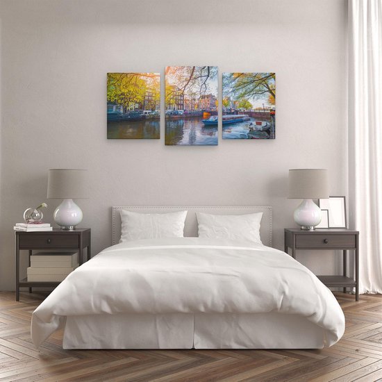 Artaza Toile Peinture Triptyque Amsterdam Canal Au Printemps - 120x60 - Photo Sur Toile - Impression Sur Toile