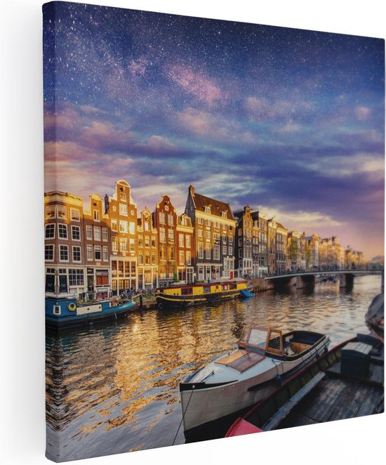 Artaza - Peinture sur toile - Canal d'Amsterdam la nuit avec des étoiles - 40x40 - Klein - Photo sur toile - Impression sur toile