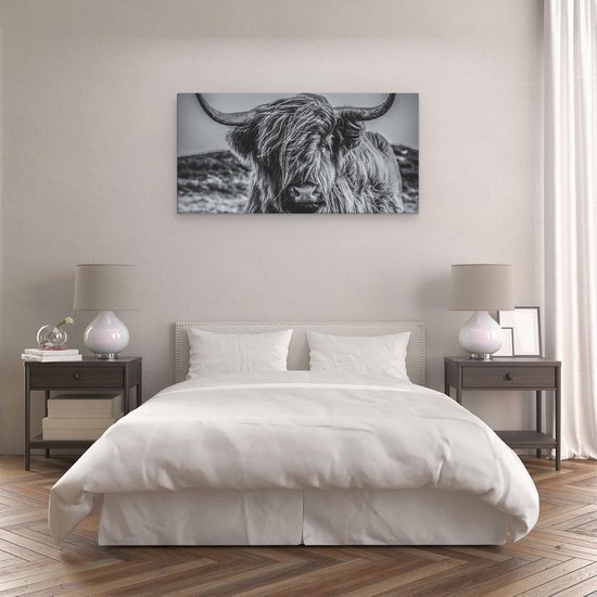 Artaza Canvas Schilderij Schotse Hooglander Koe - Zwart Wit - 120x60 cm - Groot - Wanddecoratie Woonkamer - Schilderijen - Muurdecoratie