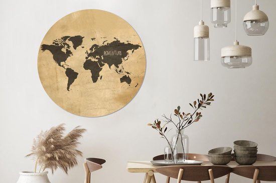 WallCircle - Stickers muraux - Cercle de papier peint - Wereldkaart - Marron - Vintage - ⌀ 120 cm - Cercle mural - Autocollant - Papier peint autocollant rond XXL