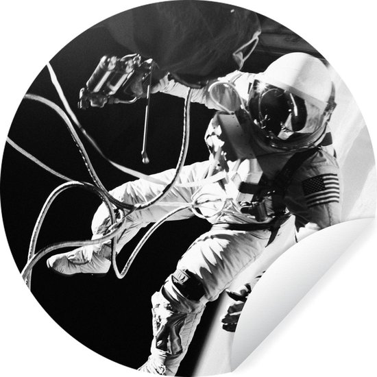 WallCircle - Muurstickers - Behangcirkel - Astronaut - Aarde - Zwart - Wit - ⌀ 120 cm - Muurcirkel - Zelfklevend - Ronde Behangsticker XXL