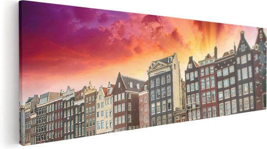 Artaza Canvas Schilderij Amsterdamse Huisjes Bij Het Kanaal - Kleur - 90x30 - Foto Op Canvas - Canvas Print