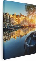 Artaza Canvas Schilderij Amsterdamse Gracht Bij Zonsondergang - 60x80 - Foto Op Canvas - Canvas Print