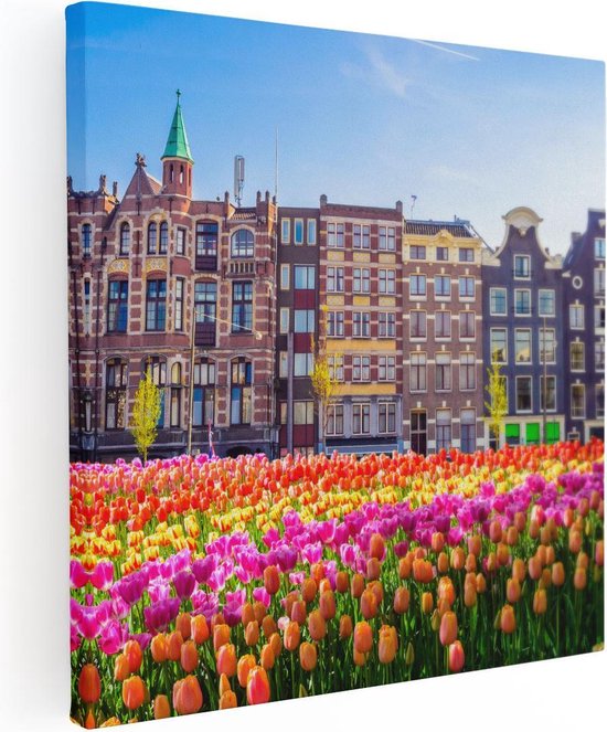 Artaza Canvas Schilderij Amsterdamse Huisjes Met Tulpen - Kleur - 80x80 - Groot - Foto Op Canvas - Canvas Print