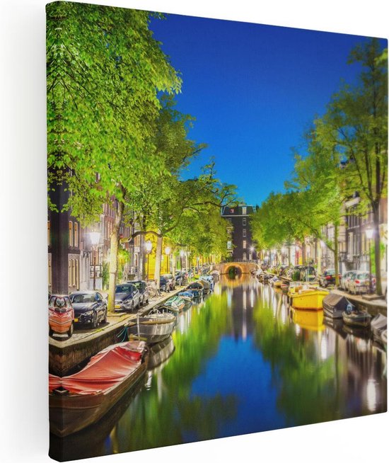 Artaza Canvas Schilderij Amsterdamse Gracht In De Nacht - 80x80 - Groot - Foto Op Canvas - Canvas Print