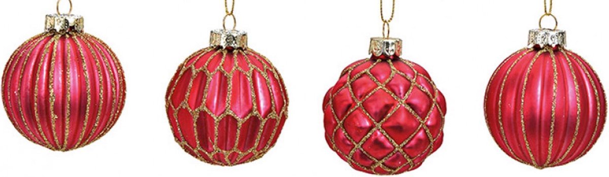 Glazen Kerstballen Met Glitters - Donker Roze / Goud - Diameter 6cm - 12 Stuks