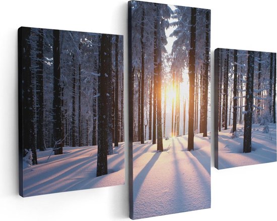 Artaza Canvas Schilderij Drieluik Bos Met Sneeuw Tijdens De Zonsondergang - 90x60 - Foto Op Canvas - Canvas Print