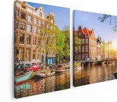 Artaza Canvas Schilderij Tweeluik Amsterdamse Gracht Tijdens Zonsondergang - 120x80 - Foto Op Canvas - Canvas Print