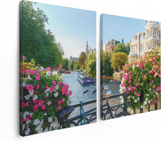 Artaza Toile Peinture Diptyque Amsterdam Canal Avec Des Fleurs - 120x80 - Photo Sur Toile - Impression Sur Toile