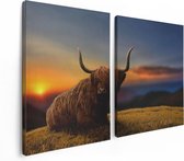 Artaza Canvas Schilderij Tweeluik Schotse Hooglander Koe Op Een Heuvel - 120x80 - Foto Op Canvas - Canvas Print