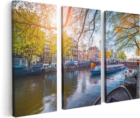 Artaza Canvas Schilderij Drieluik Amsterdamse Gracht Tijdens Het Voorjaar - 120x80 - Foto Op Canvas - Canvas Print