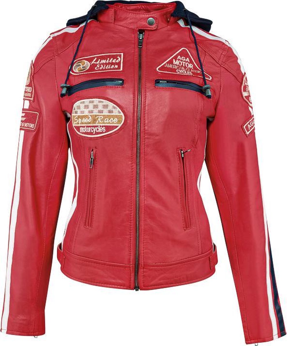 Urban 5884® - 66 - Dames jas - Biker jack - Lams leren jas - Afneembare Hoodie - Rood - Maat 5XL