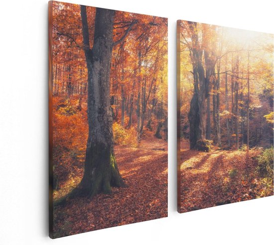 Artaza - Diptyque Peinture Sur Toile - Forêt D'Automne Oranje Avec Soleil - 80x60 - Photo Sur Toile - Impression Sur Toile