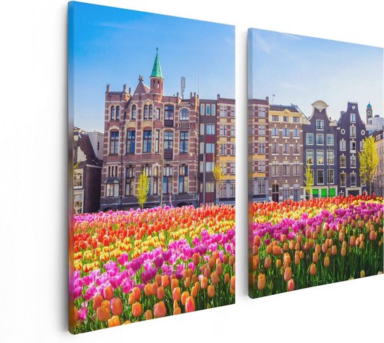 Artaza Canvas Schilderij Tweeluik Amsterdamse Huisjes Met Tulpen - Kleur - 80x60 - Foto Op Canvas - Canvas Print