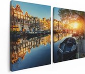Artaza Canvas Schilderij Tweeluik Amsterdamse Gracht Bij Zonsondergang - 120x80 - Foto Op Canvas - Canvas Print